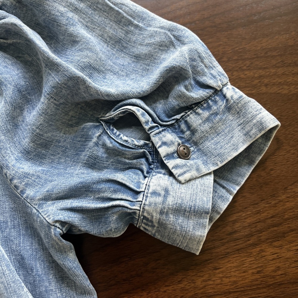Women's Chambray Blouse XS Short Sleeve Denim Blue Puff Sleeve Bohemian Prairie - Picture 7 of 10